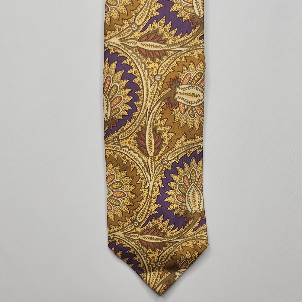 Paul Stuart Gold and Purple Paisley Floral Silk Tie
